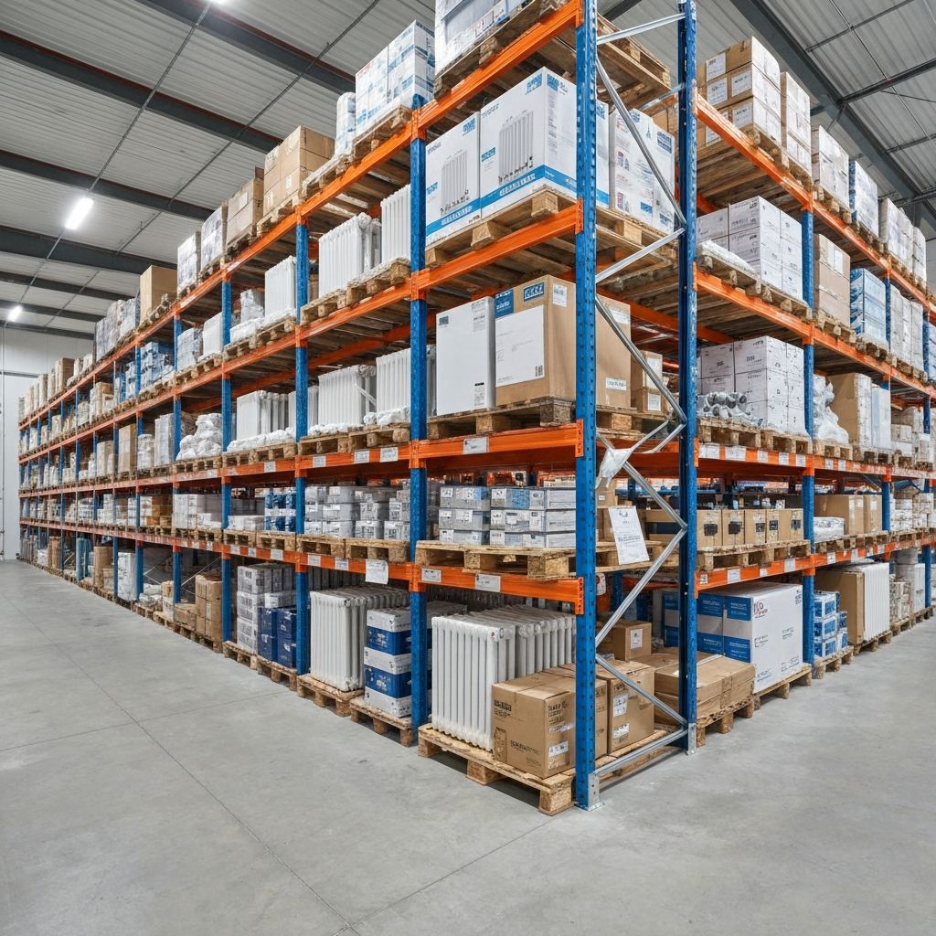 Organized plumbing supplies warehouse with shelves full of products